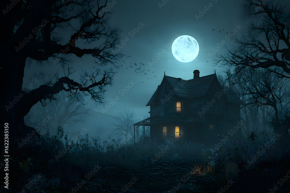 Fototapeta premium Haunted House with Dark Horror Atmosphere. Halloween Haunted Scene House. AI generated