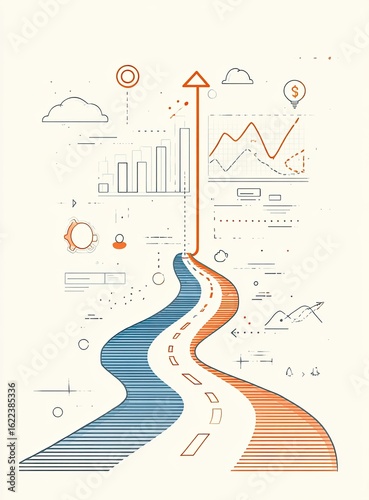 Abstract illustration of a winding road leading upwards, surrounded by data visualization elements.  A central upward-pointing arrow suggests growth and progress.  