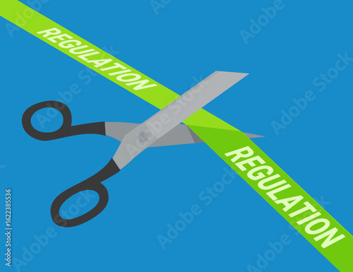 A pair of scissors cuts a green banner with the words "REGULATION" written on it on a blue background in flat design style