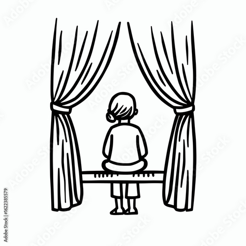 Child sitting on windowsill and looking outside through curtains in contemplative mood