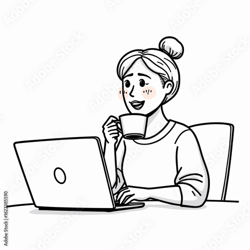 Young woman enjoying coffee while working on laptop with cheerful expression