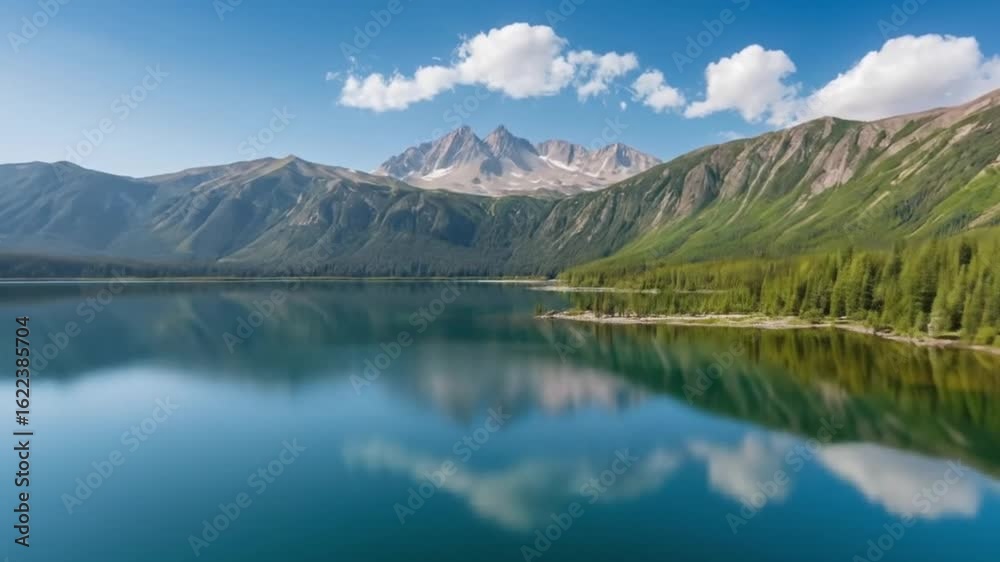 A tranquil lake reflecting mountains under a clear summer sky. 4k video