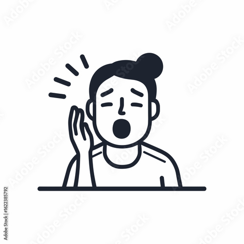 Tired woman yawning with hand covering mouth in simple line art style