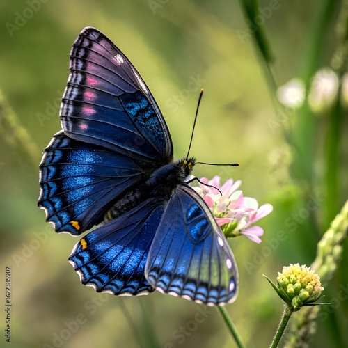 Vibrant Blue Butterfly on Green Background Close-Up