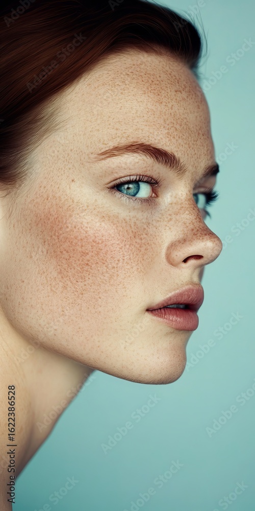 Obraz premium Stunning Close-Up Beauty Portrait of a Young Woman with Freckles and Blue Eyes on Light Background