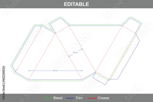 Custom dimensions regular triangle box dieline with mortise lock system, vector packaging template for precise folding, die-cut printing, and secure product box die line design layout