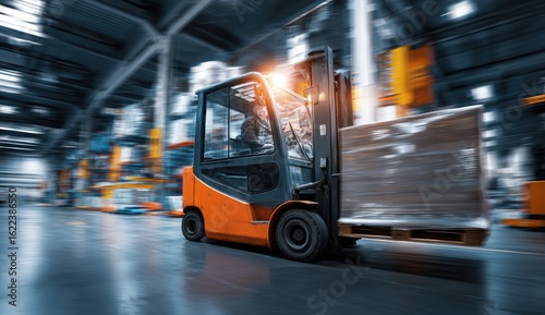 Warehouse forklift moves loaded pallet in busy facility