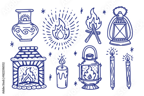 Cosy Fireplace, lantern and flames: A delightful sketch features varied objects: a candle-lit fireplace, a lantern, diverse fire and candle illustrations.