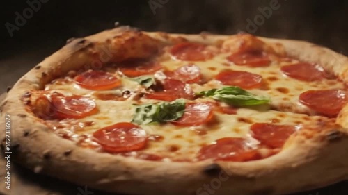 Wallpaper Mural Pepperoni pizza upclose with cheese basil and crusty edge captured in warm lighting Torontodigital.ca