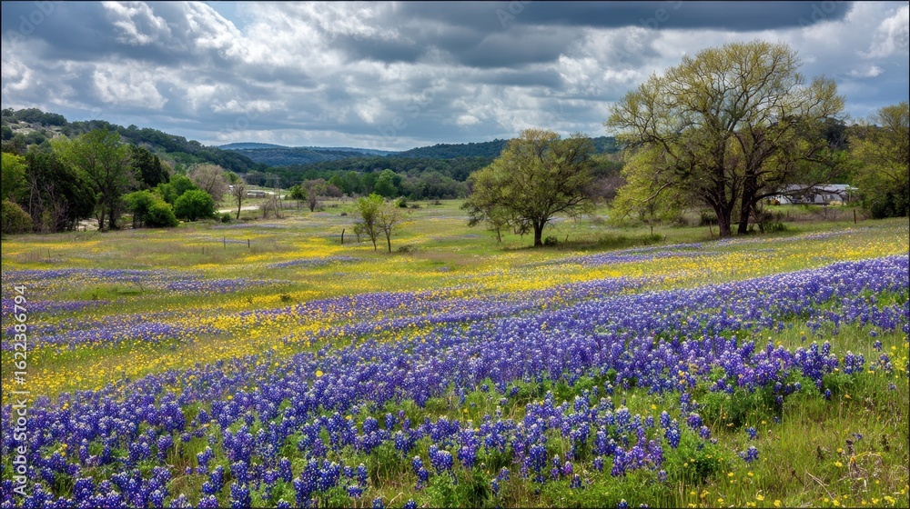 Fototapeta premium Texas Pasture. Beauty of Bluebonnet Blooms in Texas Hill Country