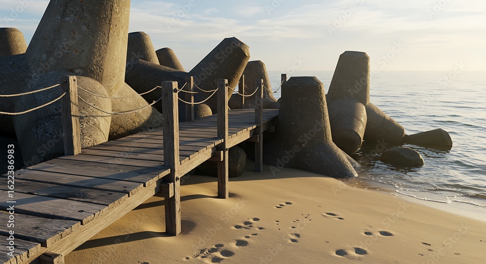 Obraz premium Beachfront Walkway at Sunset Leading to a Tranquil Sea, Coastal Scene with Wooden Pier and Concrete Breakwater Against a Soft Sky