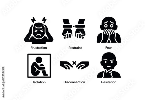 flat black solid icon items isolated on white background self expression limits (feelings): frustration restraint fear isolation disconnection hesitation