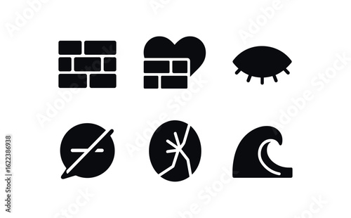 flat black solid icon items isolated on white background empathy barrier (symbols): icon heart closed eye silence bubble mirror crack wave break