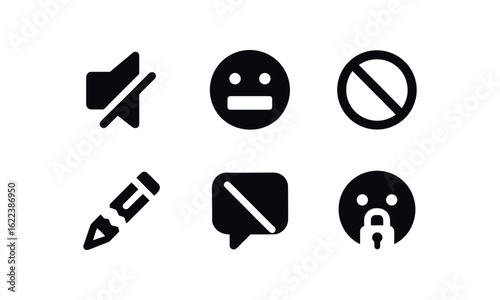 flat black solid icon items isolated on white background self expression limits (symbols): muted icon closed mouth restricted circle broken pencil speech lock face