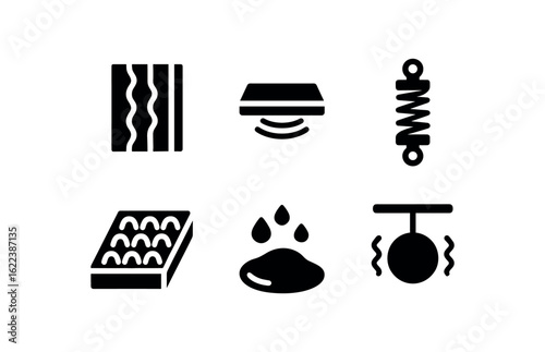 flat black solid icon items isolated on white background resonance dampening (types): acoustic panel vibration pad shock absorber foam insert dampening gel mass damper