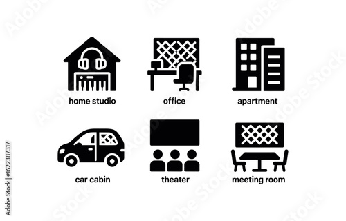 flat black solid icon items isolated on white background soundproofing (spaces): home studio office apartment cabin theater meeting room