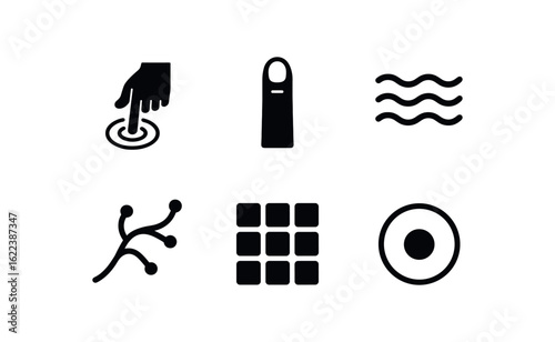 flat black solid icon items isolated on white background tactile sensitivity (symbols): touch icon finger tip texture line nerve path surface grid sensitivity ring