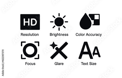 flat black solid icon items isolated on white background visual clarity (factors): resolution brightness color accuracy focus glare text size