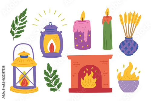 Cozy Home Decor: A charming illustration showcases elements of a warm home, with flickering candles, a fireplace, lanterns, and botanical elements.