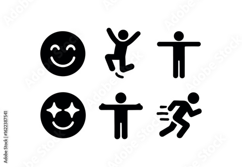 flat black solid icon items isolated on white background euphoria (expressions): big smile jumping open posture shining eyes outstretched hands fast motion