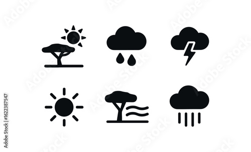flat black solid icon items isolated on white background savanna ecosystem (weather): dry season wet season thundercloud sun glare dust rainfall