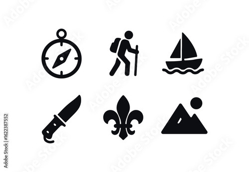 flat black solid icon items isolated on white background compass (uses): hiking orienteering sailing survival scouting exploration