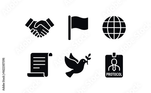 flat black solid icon items isolated on white background diplomat (symbols): handshake flag icon globe document scroll peace dove protocol badge