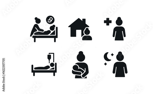 flat black solid icon items isolated on white background midwife (scenes): birth room home setting clinic hospital bed mother holding baby night shift