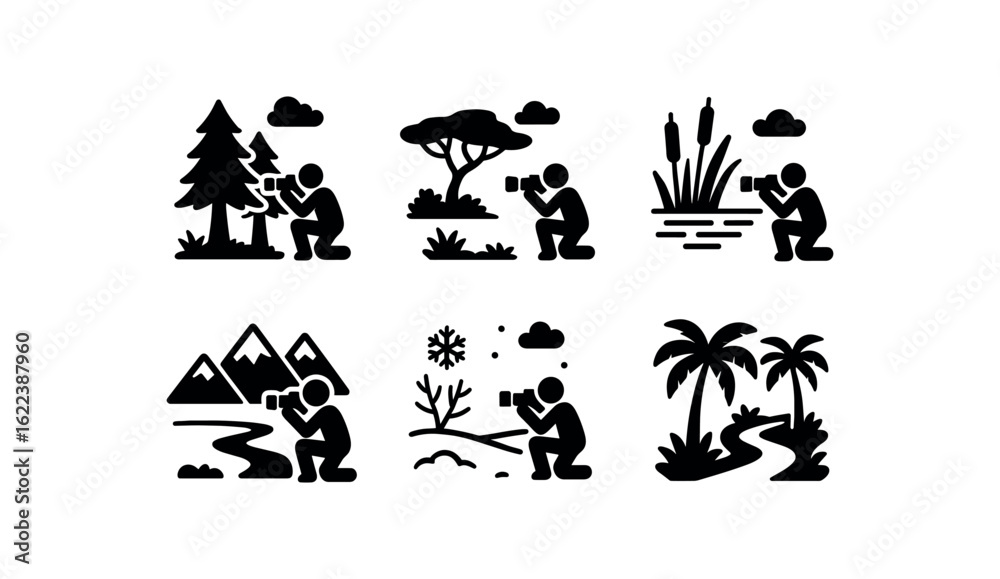 Fototapeta premium flat black solid icon items isolated on white background wildlife photographer (scenes): forest savanna wetland mountain range snowy field jungle path