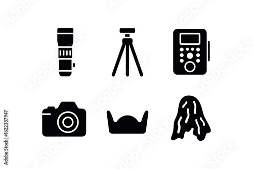 flat black solid icon items isolated on white background wildlife photographer (gear): telephoto lens tripod camera trap DSLR lens hood camouflage cover