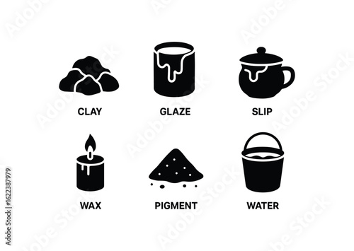 flat black solid icon items isolated on white background pottery making (materials): clay glaze slip wax pigment water