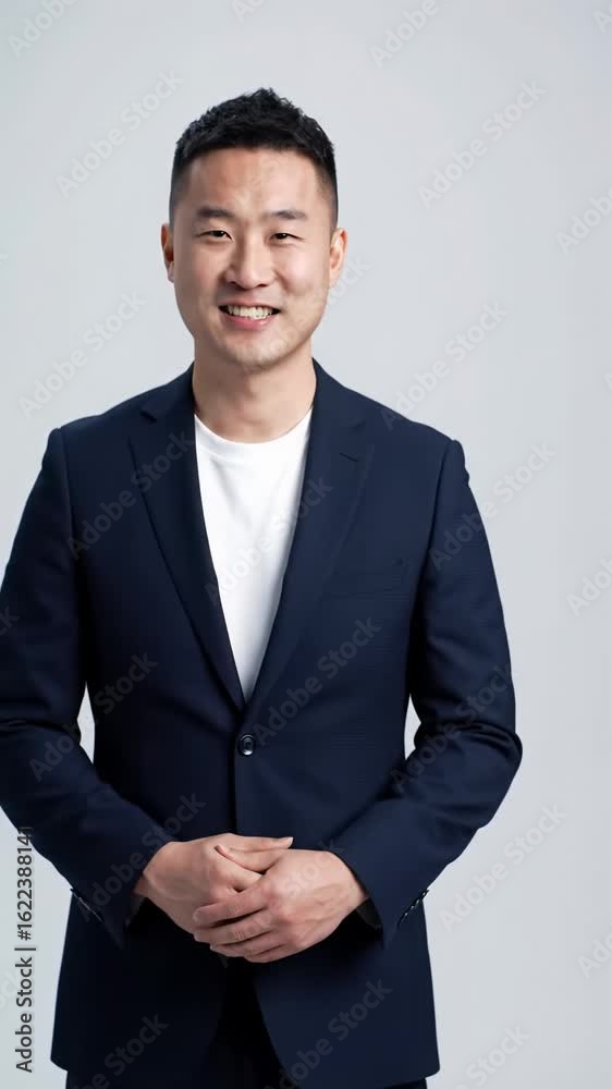 A confident clean-cut young adult male professional in smart business attire, subtle dolly push-in, against a bright light grey studio backdrop with bokeh. Concept of professional confidence and A confident clean-cut young adult male professional in smart business attire, subtle dolly push-in, against a bright light grey studio backdrop with bokeh. Concept of professional confidence and