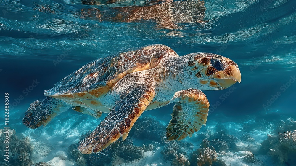 Fototapeta premium Sea turtle swimming underwater, coral reef