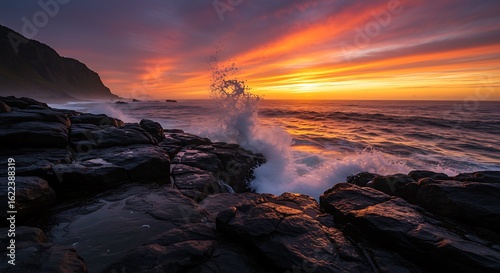 Fiery Sunset, Ocean's Embrace: Coastal Rock Majesty