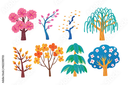 Diverse Trees: A charming illustration features an array of trees, showcasing diverse shapes and colors. Perfect for illustrating themes of nature, environment, or arboreal studies. 