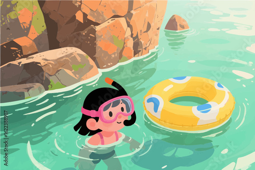 swimming in a green-tinted body of water, wearing a pink and black snorkel mask.