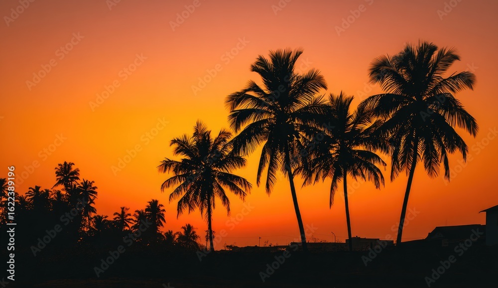 Obraz premium Silhouetted palm trees against vibrant orange sunset sky