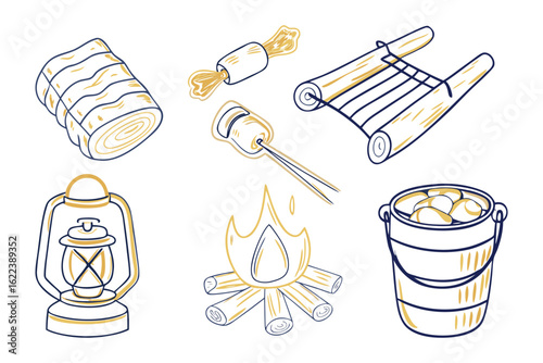 Campfire Essentials: A charming illustration features iconic camping elements, from the warmth of a campfire to the simplicity of a wooden raft and delicious marshmallows.
