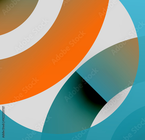 Abstract shapes overlap, creating dynamic composition. Warm orange contrasts cool teal, beige tones present. Minimalist design, modern aesthetic.