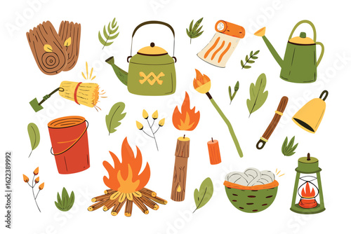 Camping Essentials: A whimsical array of illustrated camping essentials, creating a charming visual narrative of outdoor exploration, embracing the spirit of adventure and simple living.