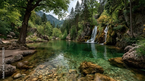 Serene mountain lake with waterfall. Lush greenery surrounds tranquil water