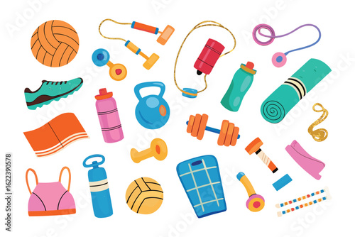 Fitness essentials: A vibrant display of fitness equipment, including dumbbells, yoga mats, water bottles, and jump ropes, is artistically arranged.