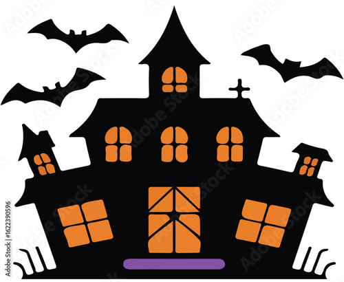 A spooky haunted house with bats flying around it