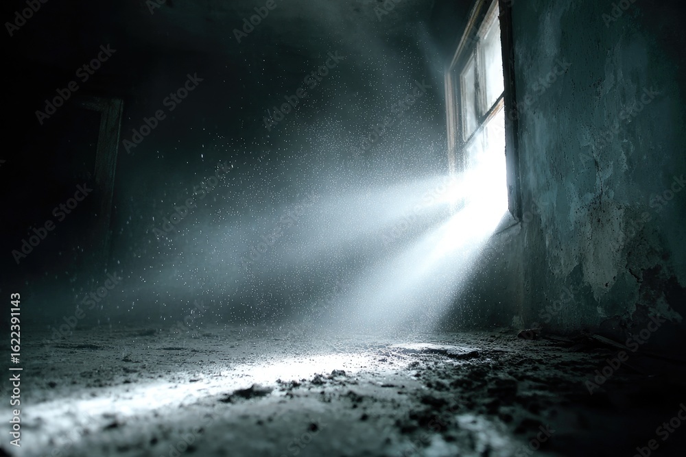 Naklejka premium Sunlight streams through a window in a dusty, abandoned room