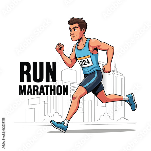 Cartoon male marathon runner with bib number running in the city race Vector