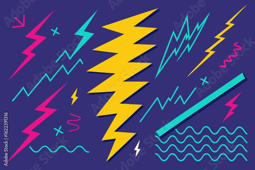 Vibrant retro style pattern with lightning bolts and geometric shapes, perfect for eye-catching designs and energetic backgrounds, originally created as a scalable vector graphic