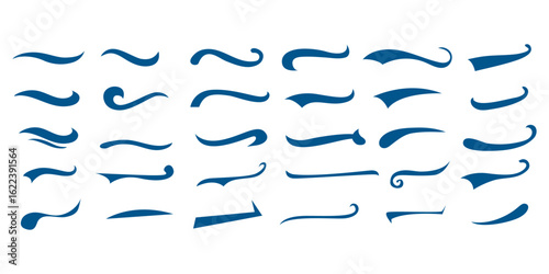 Set of blue vector sport swooshes. Collection of hand-drawn filled tails for typography and logo design