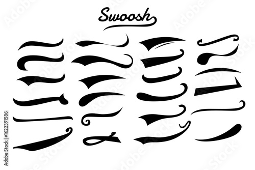 Classic black sport swoosh and tail set. Vector retro swashes for baseball script and lettering