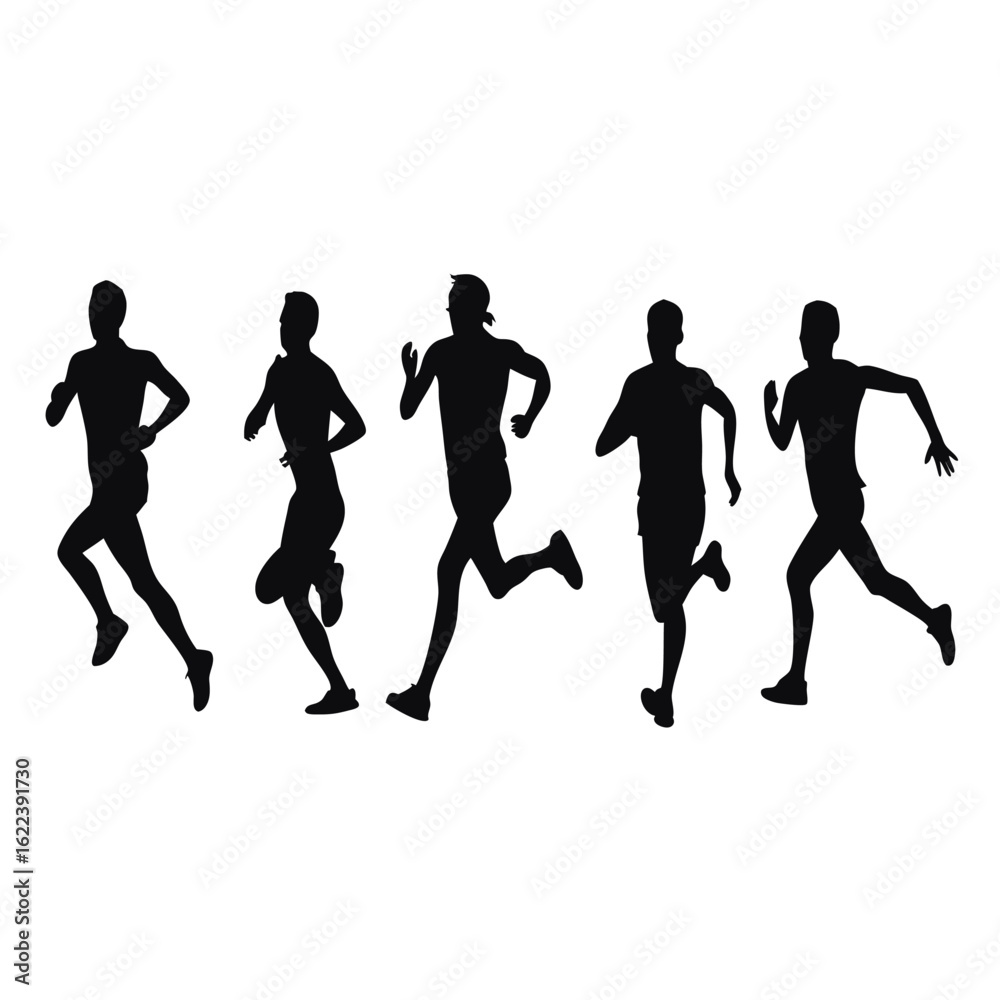 Fototapeta premium Silhouette of five male runners in action showcases fitness and athletic endeavor on white
