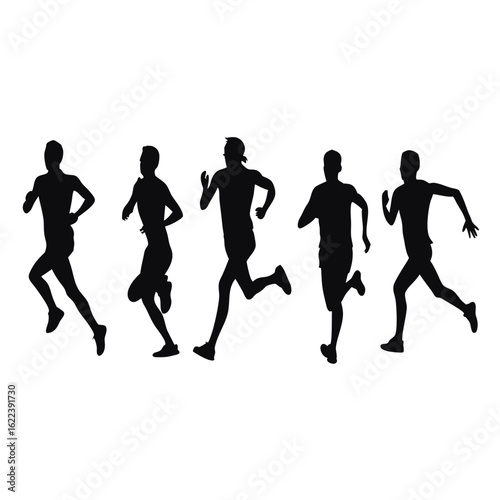 Silhouette of five male runners in action showcases fitness and athletic endeavor on white